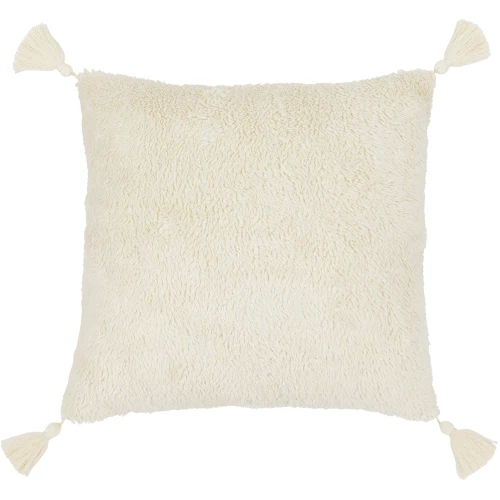 Futrzana poduszka kwadratowa Boho z frędzlami Wanilia