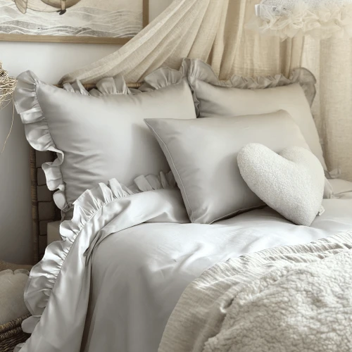 Adult Bed linen with ruffles Margaret Light grey 