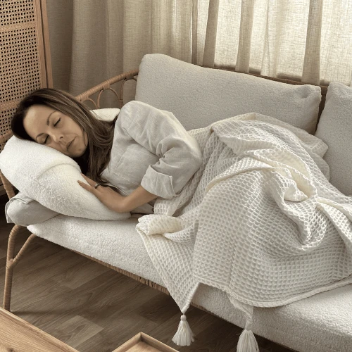 Bamboo waffle blanket with tassels Cream