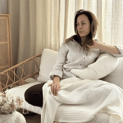 Bamboo waffle blanket with tassels Cream